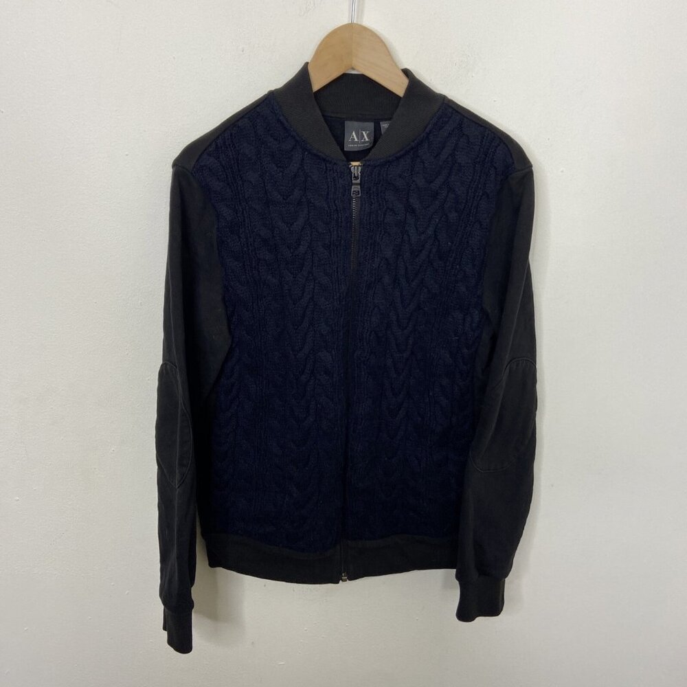 A/E Armani Exchange Men M Cable Knit Sweater Zip Jacket Blue Black Wool Blend